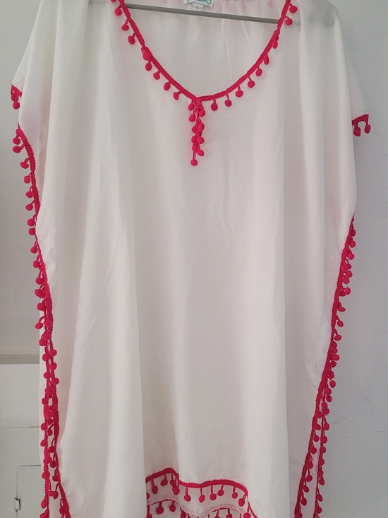 Jordann Tops - White Sheer Cover Up With Pink Pom-Pom Trim